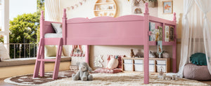 English Elm Full Size Low Loft Bed Solid Pine Frame with Built-In Bookshelf and Continuous Guardrails Pink W5305P494554
