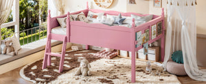 English Elm Full Size Low Loft Bed Solid Pine Frame with Built-In Bookshelf and Continuous Guardrails Pink W5305P494554
