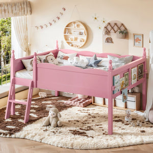 English Elm Full Size Low Loft Bed Solid Pine Frame with Built-In Bookshelf and Continuous Guardrails Pink W5305P494554