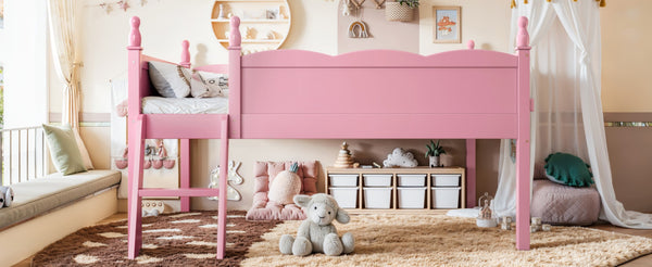 English Elm Full Size Low Loft Bed Solid Pine Frame with Built-In Bookshelf and Continuous Guardrails Pink W5305P494554