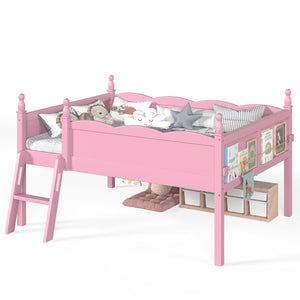 English Elm Full Size Low Loft Bed Solid Pine Frame with Built-In Bookshelf and Continuous Guardrails Pink W5305P494554