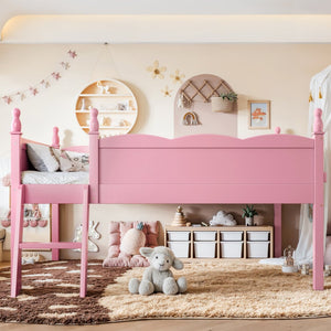 English Elm Full Size Low Loft Bed Solid Pine Frame with Built-In Bookshelf and Continuous Guardrails Pink W5305P494554