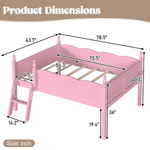 English Elm Full Size Low Loft Bed Solid Pine Frame with Built-In Bookshelf and Continuous Guardrails Pink W5305P494554