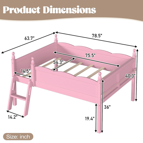 English Elm Full Size Low Loft Bed Solid Pine Frame with Built-In Bookshelf and Continuous Guardrails Pink W5305P494554
