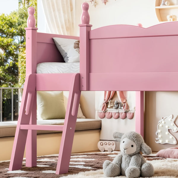 English Elm Full Size Low Loft Bed Solid Pine Frame with Built-In Bookshelf and Continuous Guardrails Pink W5305P494554