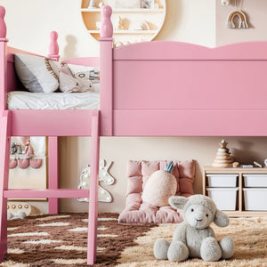 English Elm Full Size Low Loft Bed Solid Pine Frame with Built-In Bookshelf and Continuous Guardrails Pink W5305P494554