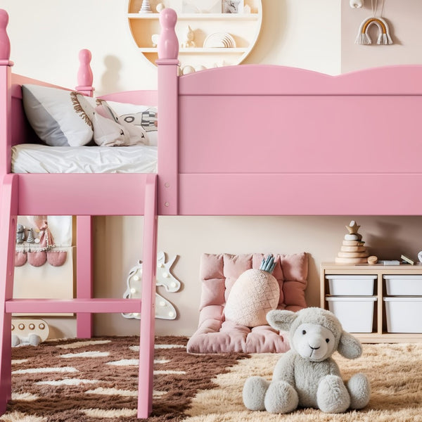 English Elm Full Size Low Loft Bed Solid Pine Frame with Built-In Bookshelf and Continuous Guardrails Pink W5305P494554