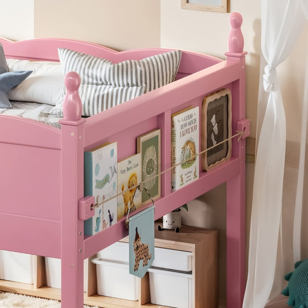 English Elm Full Size Low Loft Bed Solid Pine Frame with Built-In Bookshelf and Continuous Guardrails Pink W5305P494554