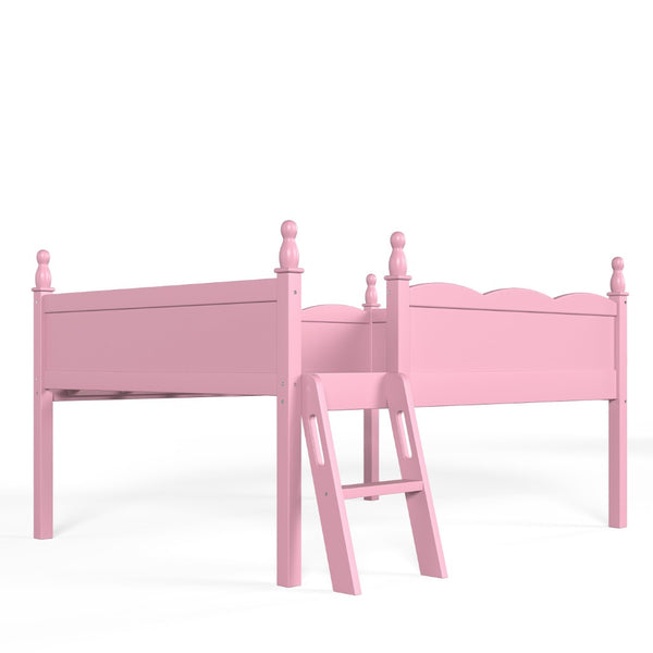 English Elm Full Size Low Loft Bed Solid Pine Frame with Built-In Bookshelf and Continuous Guardrails Pink W5305P494554