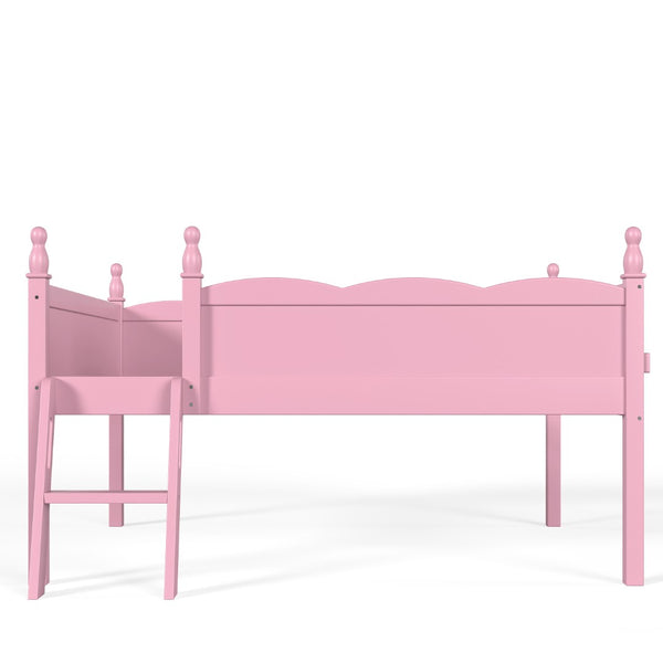 English Elm Full Size Low Loft Bed Solid Pine Frame with Built-In Bookshelf and Continuous Guardrails Pink W5305P494554
