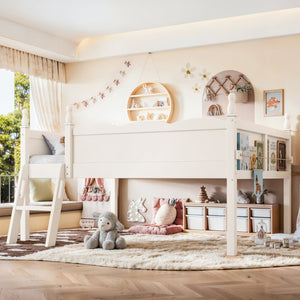 English Elm Full Size Low Loft Bed Solid Pine Frame with Built-In Bookshelf and Continuous Guardrails Beige W5305P494555