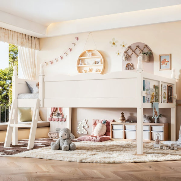 English Elm Full Size Low Loft Bed Solid Pine Frame with Built-In Bookshelf and Continuous Guardrails Beige W5305P494555