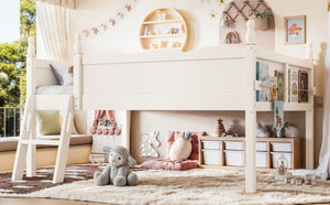 English Elm Full Size Low Loft Bed Solid Pine Frame with Built-In Bookshelf and Continuous Guardrails Beige W5305P494555