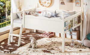 English Elm Full Size Low Loft Bed Solid Pine Frame with Built-In Bookshelf and Continuous Guardrails Beige W5305P494555