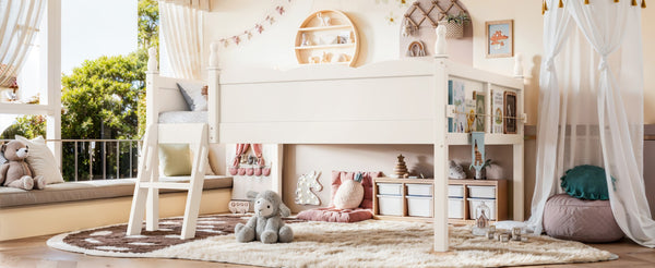 English Elm Full Size Low Loft Bed Solid Pine Frame with Built-In Bookshelf and Continuous Guardrails Beige W5305P494555