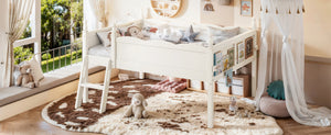 English Elm Full Size Low Loft Bed Solid Pine Frame with Built-In Bookshelf and Continuous Guardrails Beige W5305P494555