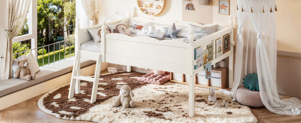 English Elm Full Size Low Loft Bed Solid Pine Frame with Built-In Bookshelf and Continuous Guardrails Beige W5305P494555