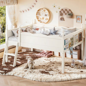English Elm Full Size Low Loft Bed Solid Pine Frame with Built-In Bookshelf and Continuous Guardrails Beige W5305P494555