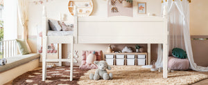 English Elm Full Size Low Loft Bed Solid Pine Frame with Built-In Bookshelf and Continuous Guardrails Beige W5305P494555
