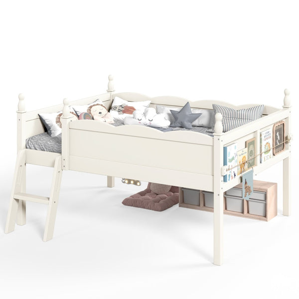 English Elm Full Size Low Loft Bed Solid Pine Frame with Built-In Bookshelf and Continuous Guardrails Beige W5305P494555