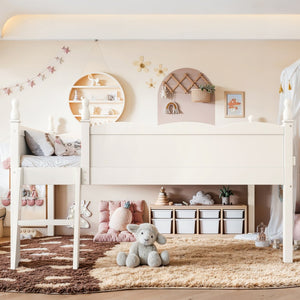 English Elm Full Size Low Loft Bed Solid Pine Frame with Built-In Bookshelf and Continuous Guardrails Beige W5305P494555