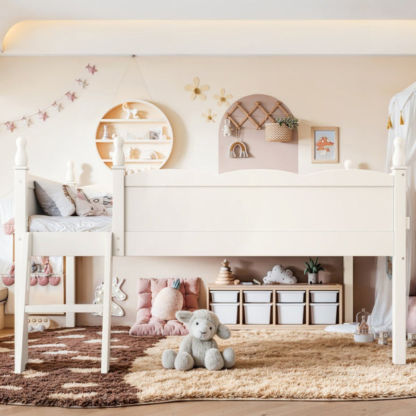 English Elm Full Size Low Loft Bed Solid Pine Frame with Built-In Bookshelf and Continuous Guardrails Beige W5305P494555