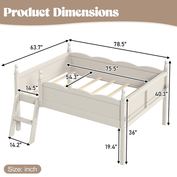 English Elm Full Size Low Loft Bed Solid Pine Frame with Built-In Bookshelf and Continuous Guardrails Beige W5305P494555