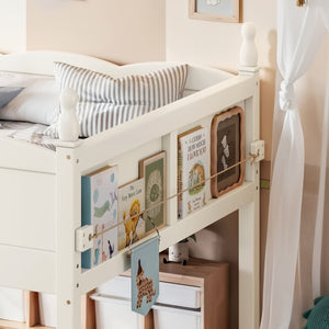 English Elm Full Size Low Loft Bed Solid Pine Frame with Built-In Bookshelf and Continuous Guardrails Beige W5305P494555