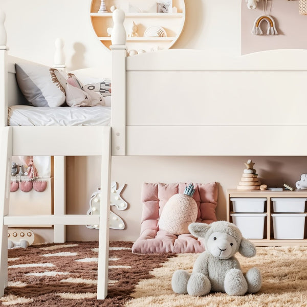 English Elm Full Size Low Loft Bed Solid Pine Frame with Built-In Bookshelf and Continuous Guardrails Beige W5305P494555