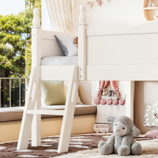 English Elm Full Size Low Loft Bed Solid Pine Frame with Built-In Bookshelf and Continuous Guardrails Beige W5305P494555