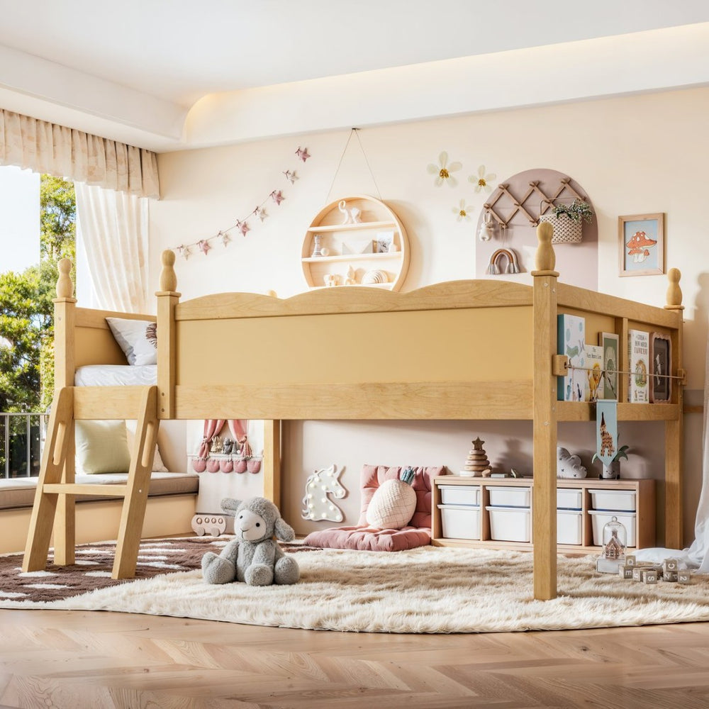 English Elm Full Size Low Loft Bed Solid Pine Frame with Built-In Bookshelf and Continuous Guardrails Natural W5305P494556