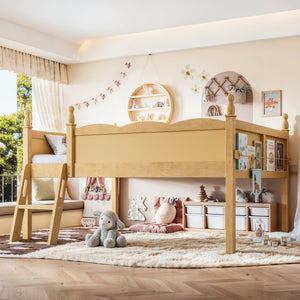 English Elm Full Size Low Loft Bed Solid Pine Frame with Built-In Bookshelf and Continuous Guardrails Natural W5305P494556