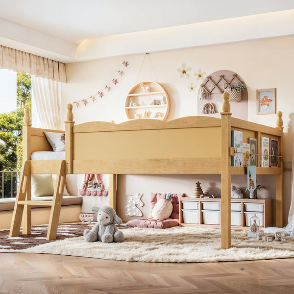 English Elm Full Size Low Loft Bed Solid Pine Frame with Built-In Bookshelf and Continuous Guardrails Natural W5305P494556