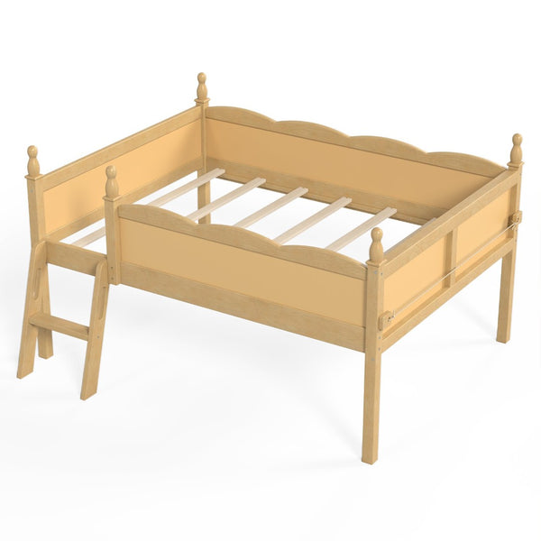English Elm Full Size Low Loft Bed Solid Pine Frame with Built-In Bookshelf and Continuous Guardrails Natural W5305P494556