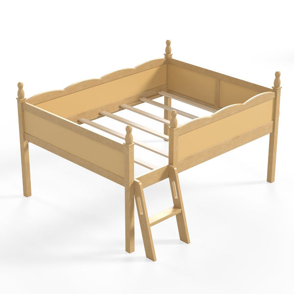 English Elm Full Size Low Loft Bed Solid Pine Frame with Built-In Bookshelf and Continuous Guardrails Natural W5305P494556