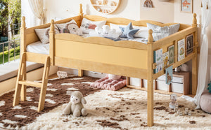 English Elm Full Size Low Loft Bed Solid Pine Frame with Built-In Bookshelf and Continuous Guardrails Natural W5305P494556