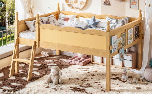English Elm Full Size Low Loft Bed Solid Pine Frame with Built-In Bookshelf and Continuous Guardrails Natural W5305P494556