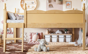 English Elm Full Size Low Loft Bed Solid Pine Frame with Built-In Bookshelf and Continuous Guardrails Natural W5305P494556