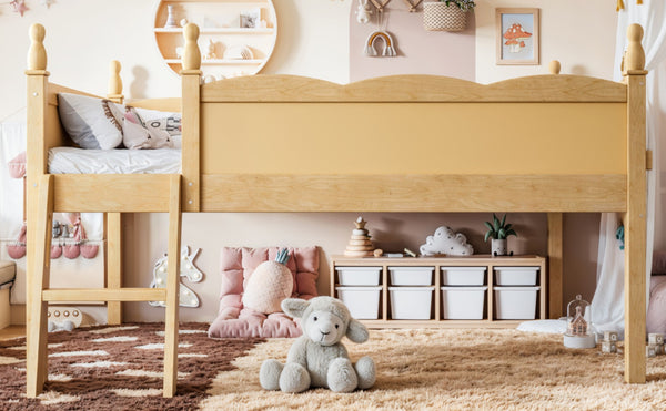 English Elm Full Size Low Loft Bed Solid Pine Frame with Built-In Bookshelf and Continuous Guardrails Natural W5305P494556