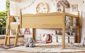 English Elm Full Size Low Loft Bed Solid Pine Frame with Built-In Bookshelf and Continuous Guardrails Natural W5305P494556