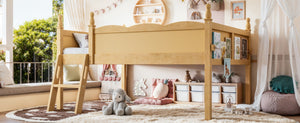 English Elm Full Size Low Loft Bed Solid Pine Frame with Built-In Bookshelf and Continuous Guardrails Natural W5305P494556