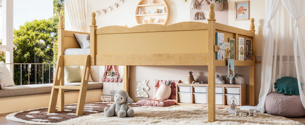 English Elm Full Size Low Loft Bed Solid Pine Frame with Built-In Bookshelf and Continuous Guardrails Natural W5305P494556