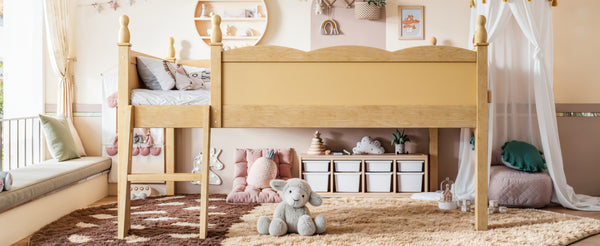 English Elm Full Size Low Loft Bed Solid Pine Frame with Built-In Bookshelf and Continuous Guardrails Natural W5305P494556