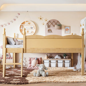 English Elm Full Size Low Loft Bed Solid Pine Frame with Built-In Bookshelf and Continuous Guardrails Natural W5305P494556