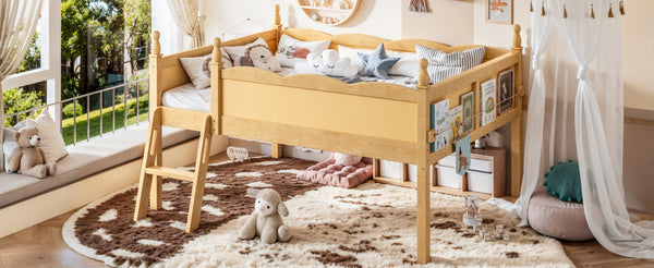 English Elm Full Size Low Loft Bed Solid Pine Frame with Built-In Bookshelf and Continuous Guardrails Natural W5305P494556
