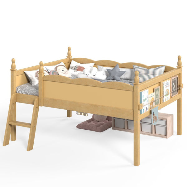 English Elm Full Size Low Loft Bed Solid Pine Frame with Built-In Bookshelf and Continuous Guardrails Natural W5305P494556