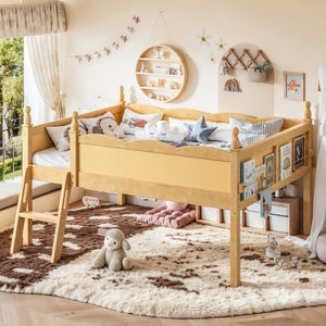 English Elm Full Size Low Loft Bed Solid Pine Frame with Built-In Bookshelf and Continuous Guardrails Natural W5305P494556