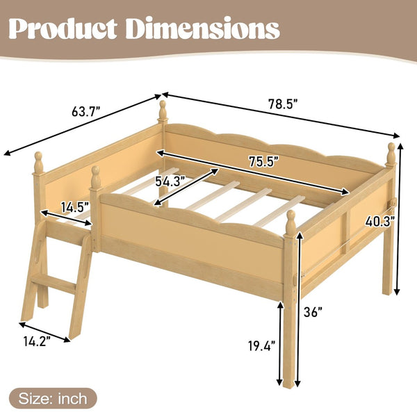English Elm Full Size Low Loft Bed Solid Pine Frame with Built-In Bookshelf and Continuous Guardrails Natural W5305P494556