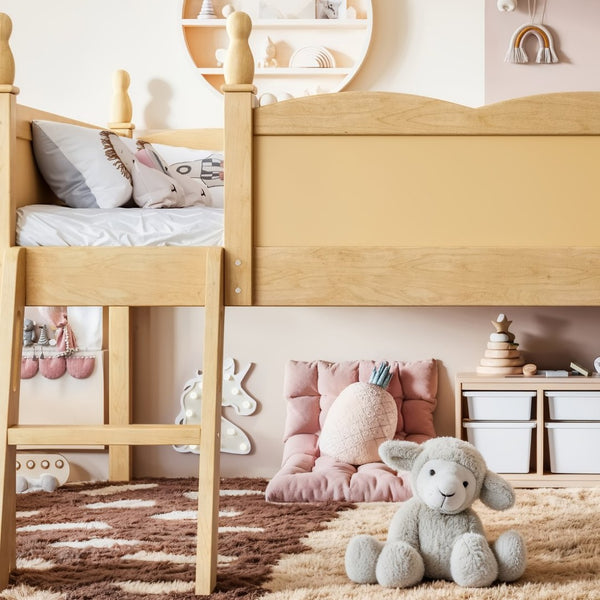 English Elm Full Size Low Loft Bed Solid Pine Frame with Built-In Bookshelf and Continuous Guardrails Natural W5305P494556