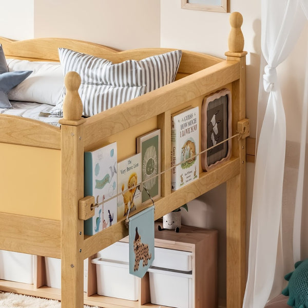 English Elm Full Size Low Loft Bed Solid Pine Frame with Built-In Bookshelf and Continuous Guardrails Natural W5305P494556